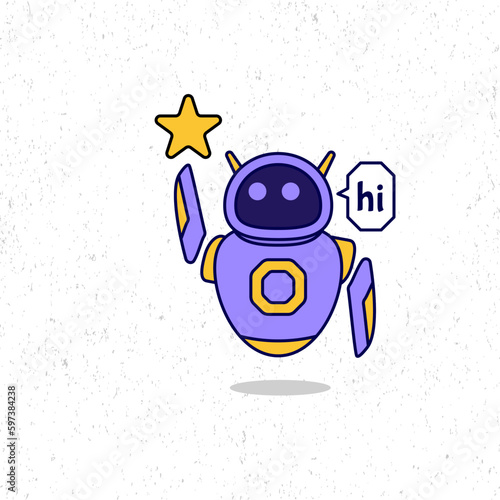Cute purple robot curious with bonfire icon illustration.