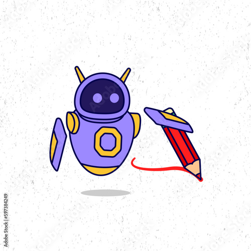 Cute purple robot drawing with a red pencil icon illustration. Flat cartoon character design. Suitable for mascot, graphic resources.