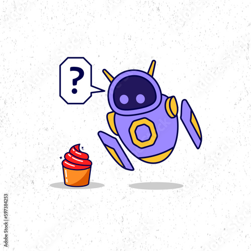 Cute purple robot curious about the red cupcakes icon illustration. Flat cartoon character design. Suitable for mascot, graphic resources.