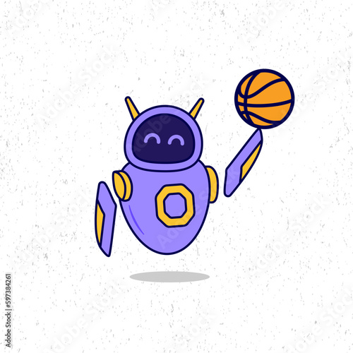 Cute purple robot lifting a basketball icon illustration. Flat cartoon character design. Suitable for mascot, graphic resources.