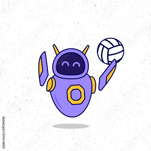 Cute purple robot lift volleyball icon illustration. Flat cartoon character design. Suitable for mascot, graphic resources.