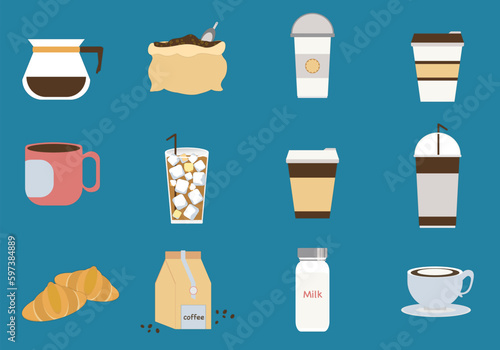 Coffee equipment, coffee beans, and equipment. Flat isolated illustration of coffee equipment and food products vector illustration.