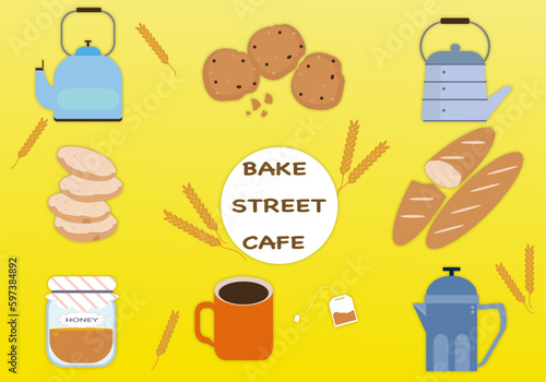 Coffee equipment, coffee beans, and equipment. Flat isolated illustration of coffee equipment and food products vector illustration.