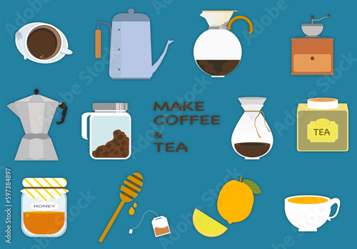 Coffee equipment, coffee beans, and equipment. Flat isolated illustration of coffee equipment and food products vector illustration.