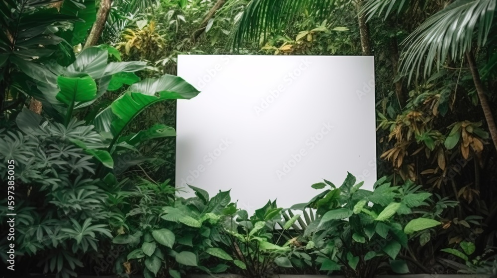 Empty white banner with mock up space white of signboard on plants wall space for text Empty white banner with mock up space white of signboard on plants wall space for text