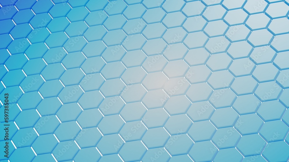Abstract background with waves made of blue futuristic honeycomb mosaic hexagon geometry primitive forms that goes up and down under blue back-lighting. 3D illustration. 3D CG. Abstract background with waves made of blue futuristic honeycomb mosaic hexagon geometry primitive forms that goes up and down under blue back-lighting. 3D illustration. 3D CG.