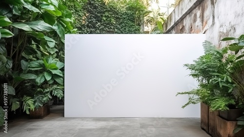 Empty white banner with mock up space white of signboard on plants wall space for text