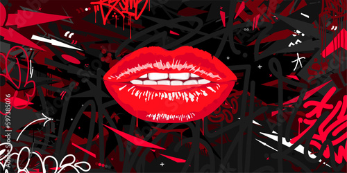Trendy Abstract Urban Colorful Futuristic Street Art Graffiti Style Background With Big Lips Vector Illustration