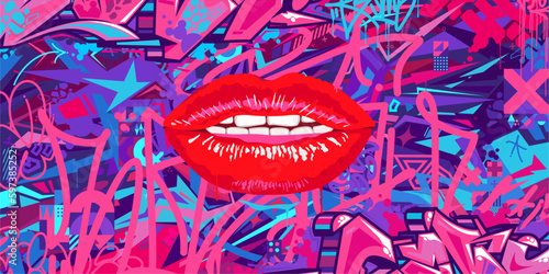 Abstract Urban Colorful Futuristic Street Art Graffiti Style Background With Big Lips Vector Illustration