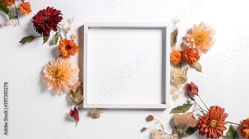 Mockup of picture frame decorated with spring flowers clean space for text on white background