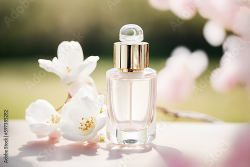 Perfume bottle with refreshing eau de toilette with floral fragrance on table with blooming sakura bunch on blurred blossom garden background. Natural beauty product. Mockup. Generative ai