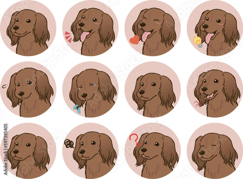 ダックスフンドの表情アイコンセット（ロングコート、レッド）