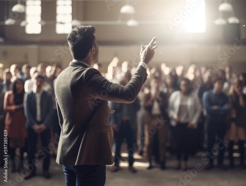 a person giving a motivational speech to a group of listeners