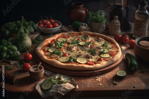 Pizza with zucchini and tomatoes, accompanied by utensils on table. Generative AI