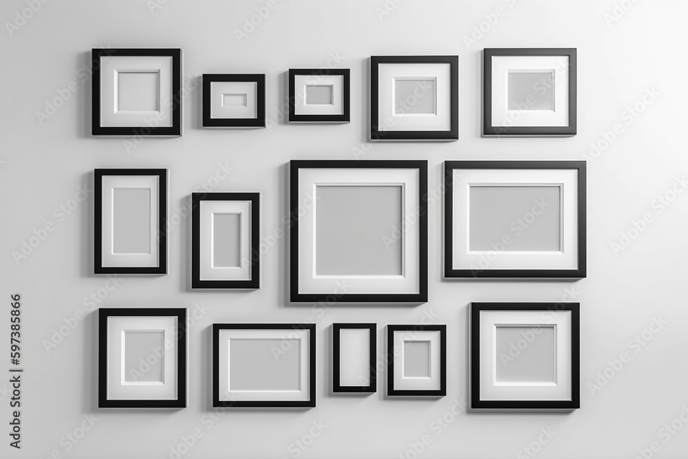 Black picture frames on white wall. 3d render illustration mockup. Generative AI Black picture frames on white wall. 3d render illustration mockup. Generative AI