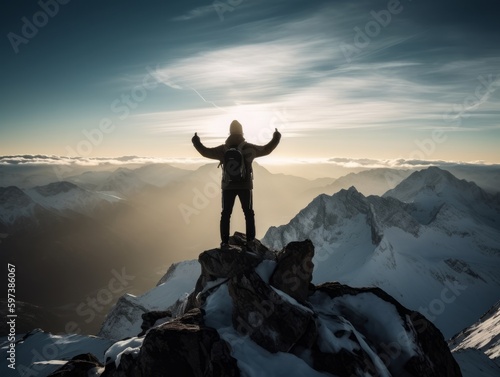 A person standing on top of a mountain or hill with arms raised in victory © Suplim