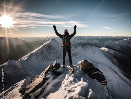 A person standing on top of a mountain or hill with arms raised in victory