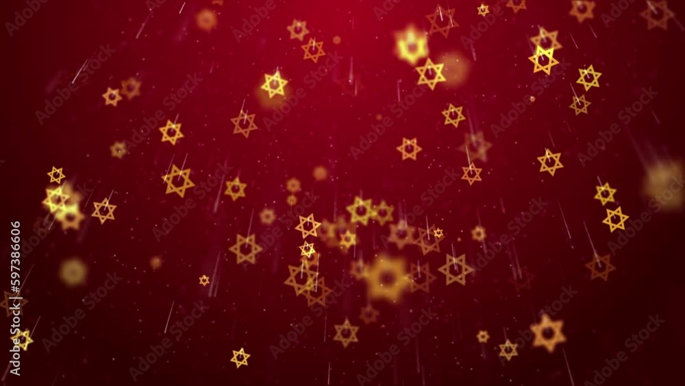 Gold Stars of David rotate and fly down on red background. Animation with state symbols of Israel. Jewish traditional signs. Looped motion graphic. Gold Stars of David rotate and fly down on red background. Animation with state symbols of Israel. Jewish traditional signs. Looped motion graphic.
