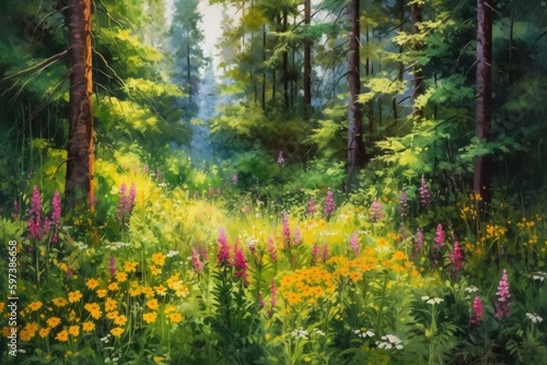 Colorful oil painting of a summer forest and beautiful flowers. Generative AI