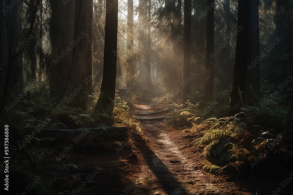 Obraz premium Footpath in the beautiful woods at sunset. Generative art