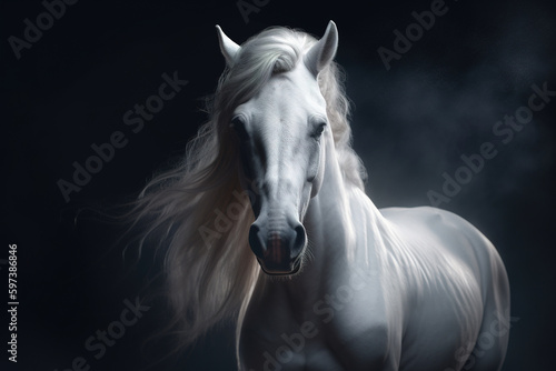 Gorgeous white horse with beautiful flowing mane photorealistic portrait. generative art