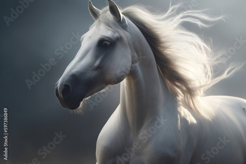 Gorgeous white horse with beautiful flowing mane photorealistic portrait. generative art