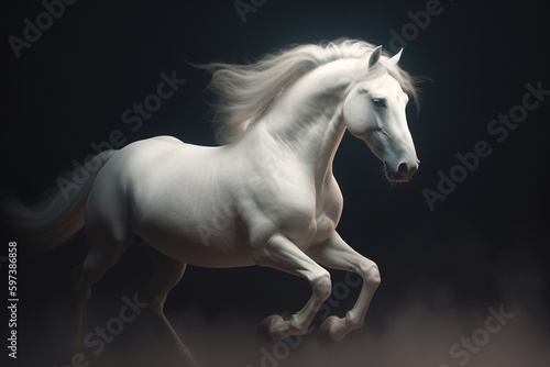 White horse with beautiful flowing mane galloping, isolated on black background. Photorealistic portrait. generative art © Cheport
