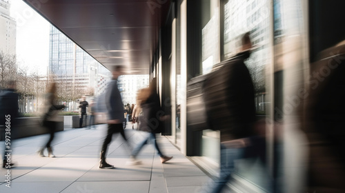 Blurred people at the street of modern business quarter. Photorealistic generative art.