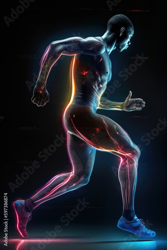 A running man surrounded by colorful energy lights and rays, blurred motion. Photorealistic generative art