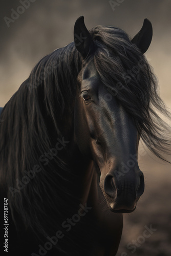 Gorgeous black horse with beautiful flowing mane photorealistic portrait. generative art © Cheport