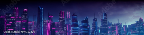 Sci-fi Cityscape with Blue and Pink Neon lights. Night scene with Visionary Architecture. photo