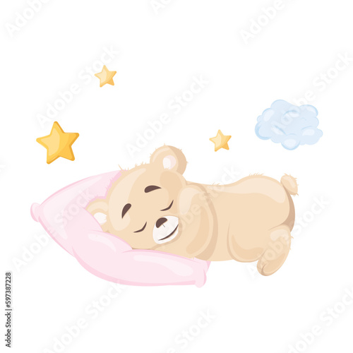 Cute little teddy bear on a transparent background  sleeping on a pink pillow  vector illustration  children s fashion  children s graphics for wallpapers and prints. Cartoon vector illustration.