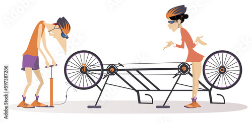 Man and woman ride on tandem bike. Broken tandem bike. Cyclist woman stands near cyclist man who inflating the wheel on the tandem bike. Sportsperson repairs the bicycle 