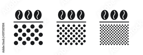 Coffee grain grind size. Ground coffee beans. Fine, medium, coarse grinding degree icons. Vector illustration isolated on white background.