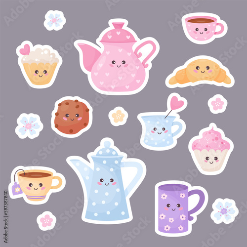 Cute characters stickers cup, teapots, croissant, muffin and cookies. Vector illustration. Isolated funny cartoon food and dishes for kids collection, design, decor, decoration and cards.
