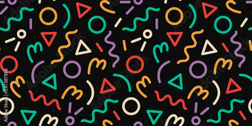 Fun colorful line doodle seamless pattern. Creative minimalist style art background for children or trendy design with basic shapes. Simple party confetti texture, childish scribble shape backdrop.