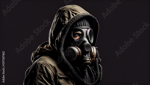 Gas mask character isolated on black background