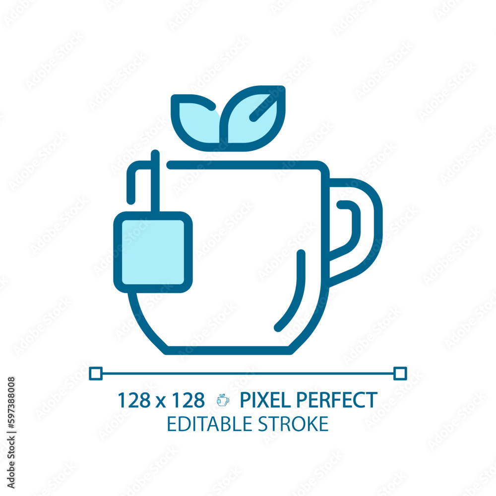 Obraz premium Tea pixel perfect blue RGB color icon. Comforting hot drink. Warm beverage. English breakfast. Herbal infusion. Isolated vector illustration. Simple filled line drawing. Editable stroke