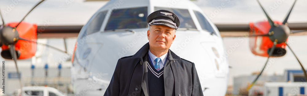 Airline captain in aviation uniform standing outdoors at airport Airline captain in aviation uniform standing outdoors at airport