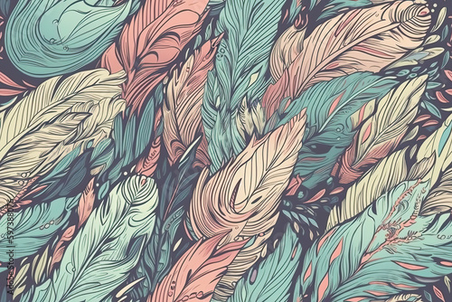 Seamless background, boho-style pattern with pastel-colored watercolor feathers.Generative AI illustration. Repeat the texture of the print on the fabric wallpaper.