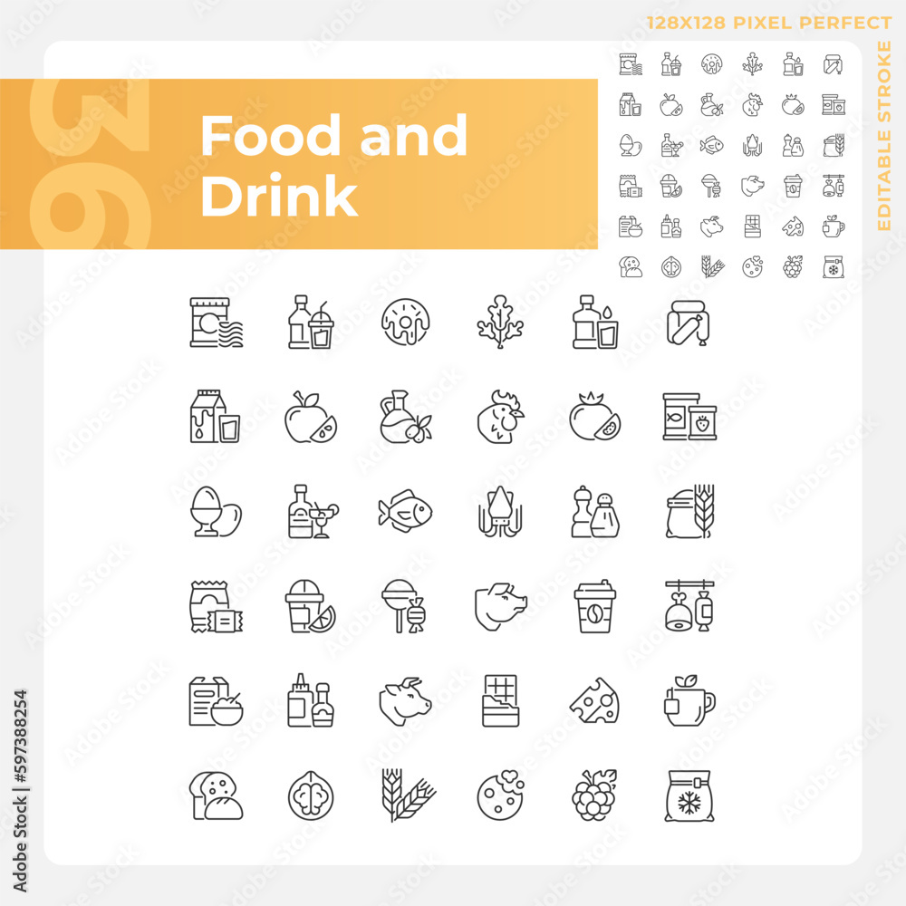 Food and drink pixel perfect linear icons set. Grocery store. Supermarket product categories. Shopping list. Customizable thin line symbols. Isolated vector outline illustrations. Editable stroke