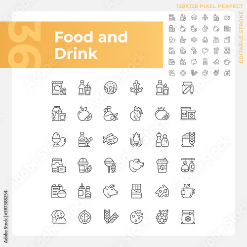 Food and drink pixel perfect linear icons set. Grocery store. Supermarket product categories. Shopping list. Customizable thin line symbols. Isolated vector outline illustrations. Editable stroke
