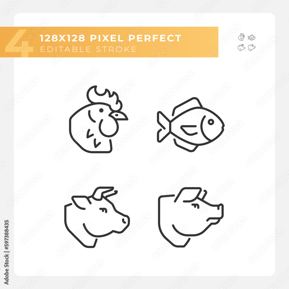 Meat and fish products pixel perfect linear icons set. Protein source. Food group. Farm animals. Customizable thin line symbols. Isolated vector outline illustrations. Editable stroke Meat and fish products pixel perfect linear icons set. Protein source. Food group. Farm animals. Customizable thin line symbols. Isolated vector outline illustrations. Editable stroke
