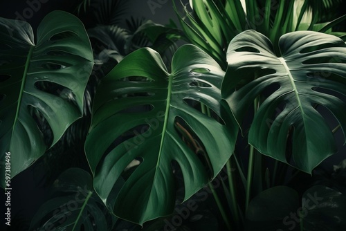 Trendy tropical monstera leaves in green hues. Generative AI