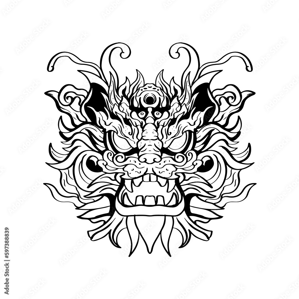 Heraldic dragon head Tattoos black and white emblem made of ink stains.
