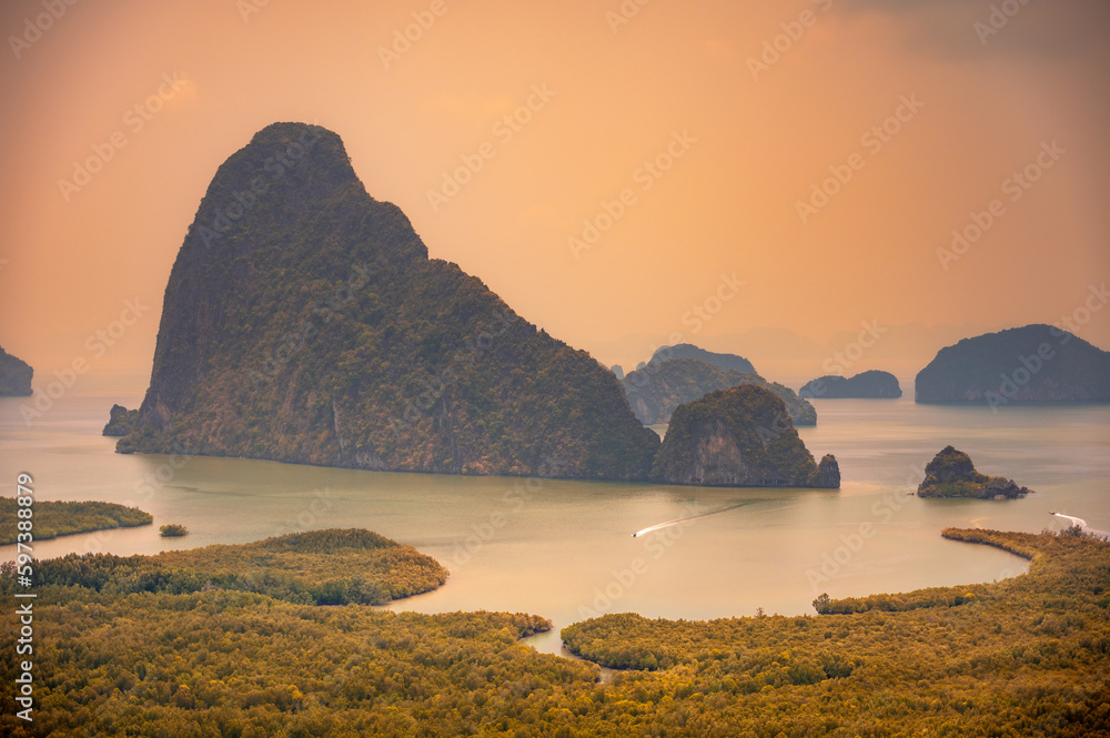 Sunset time at Samed Nang Chee mountain view point in Phang Nga Province,thailand.