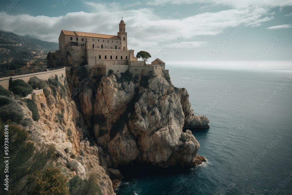 Monastery on coastal cliff overlooking Mediterranean Sea. Generative AI