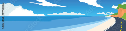 Copy Space Flat Vector Illustration. of Curved asphalt road path along the sandy beach.Beside wtih cliffs and green trees. Beautiful curved beach with bright blue sea. Under blue sky and white clouds.