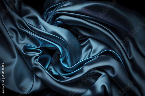 Abstract blue black background. Navy blue silk satin texture background. Beautiful soft wavy folds on shiny fabric