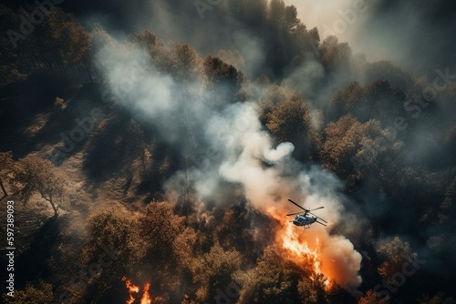 Eurocopter battling forest fire from above. Generative AI